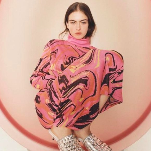 Zara Belted Jacquard Knit Sweater Midi Dress Pink Sz Small NWT - Picture 2 of 12